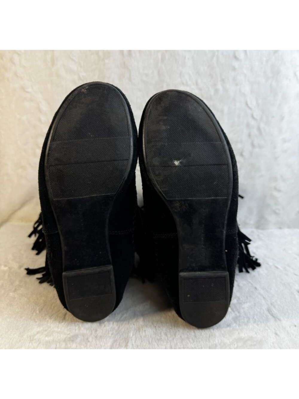 LC Lauren Conrad Thia Black Suede 3 Tier Fringe MidCalf Moccasin Boots Women 6M - Picture 7 of 14